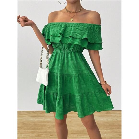 Women's Textured Fabric Off-Shoulder Double Layer Dress